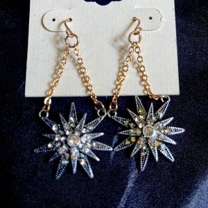 gold and gun metal clear stone hanging earrings